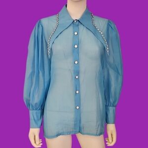 WOWO Turquoise Blue Long Rhinestone Collar Puff Sleeve Sheer Women's Top
